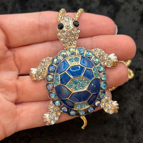 Betsey Johnson Blue Rhinestone Turtle Pendant Necklace/Brooch - Picture 3 of 5